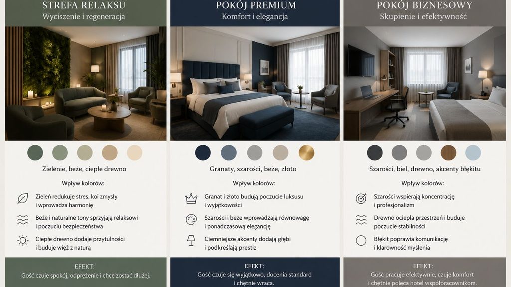 Trzy przykładowe aranżacje hotelowe: strefa relaksu, pokój premium i pokój biznesowy - z zaznaczeniem, jak kolorystyka wpływa na odbiór przestrzeni.