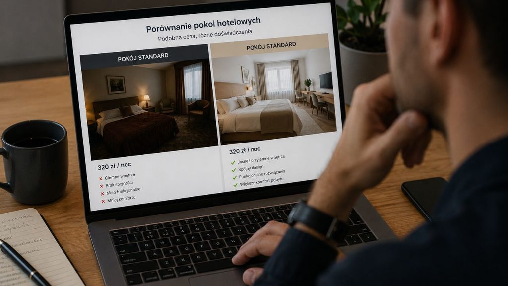 Gość porównujący na laptopie zdjęcia dwóch pokoi hotelowych o podobnej cenie; jeden pokój jest ciemny i przypadkowo urządzony, drugi jasny, spójny i funkcjonalny.