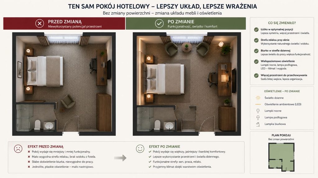 
Porównanie rzutu tego samego pokoju hotelowego przed i po zmianie układu mebli oraz oświetlenia - bez zmiany powierzchni.