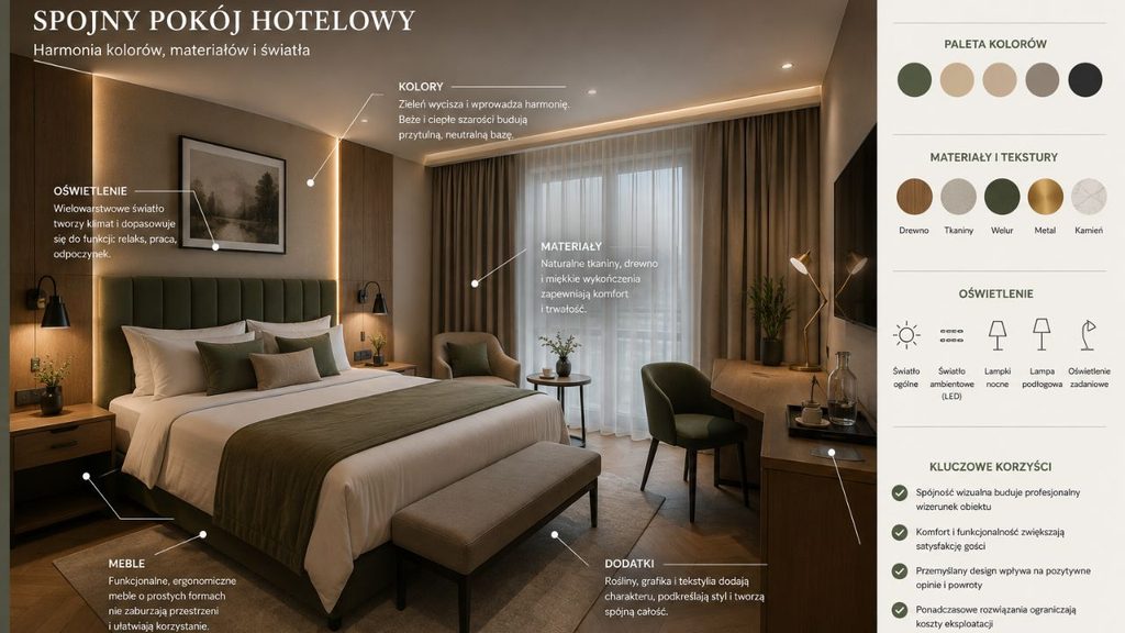 
Spójny pokój hotelowy pokazujący współpracę kolorów, materiałów, mebli, oświetlenia i dodatków.