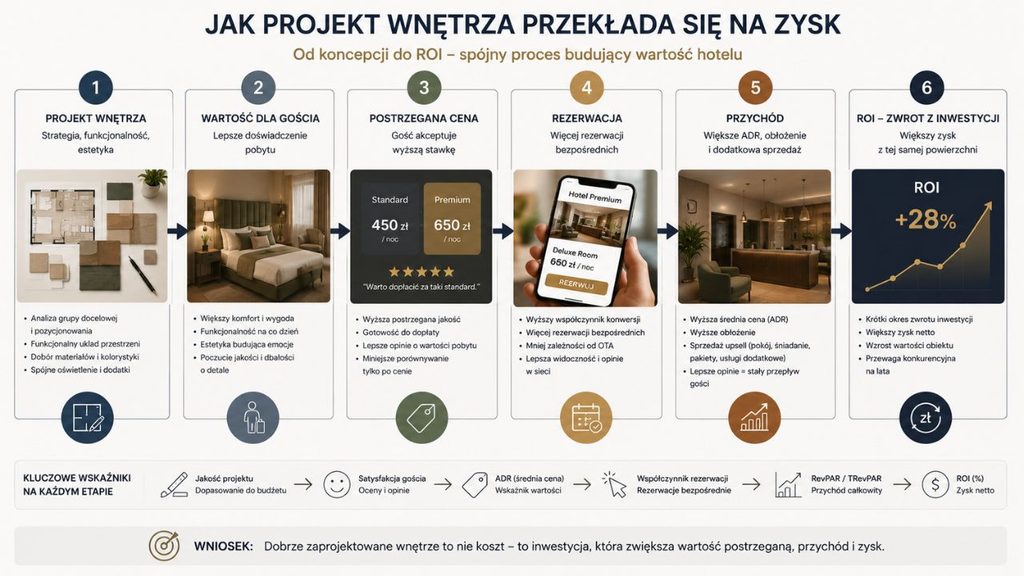 
Schemat biznesowy: projekt wnętrza → wartość dla gościa → postrzegana cena → rezerwacja → przychód → ROI.