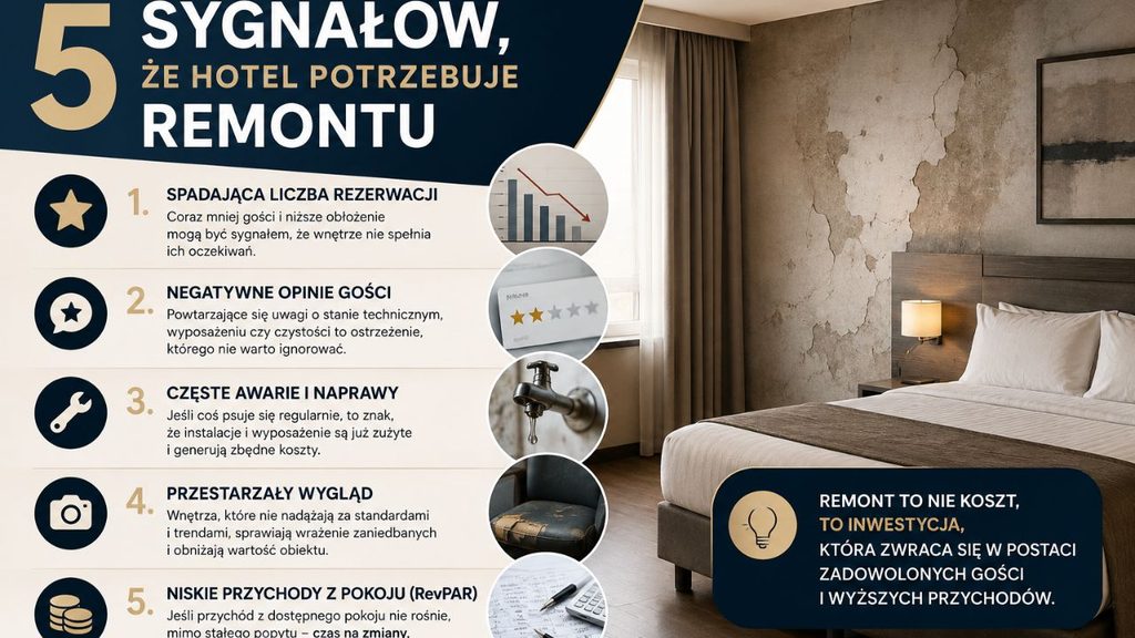 Pięć sygnałów wskazujących, że hotel powinien zostać zmodernizowany: opinie, koszty napraw, wygląd, konkurencja i spadek zainteresowania.