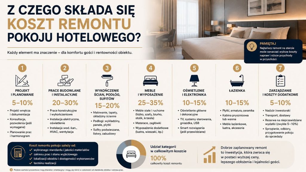 Elementy wpływające na koszt remontu pokoju hotelowego: instalacje, łazienka, materiały, meble, oświetlenie, wyposażenie i robocizna.