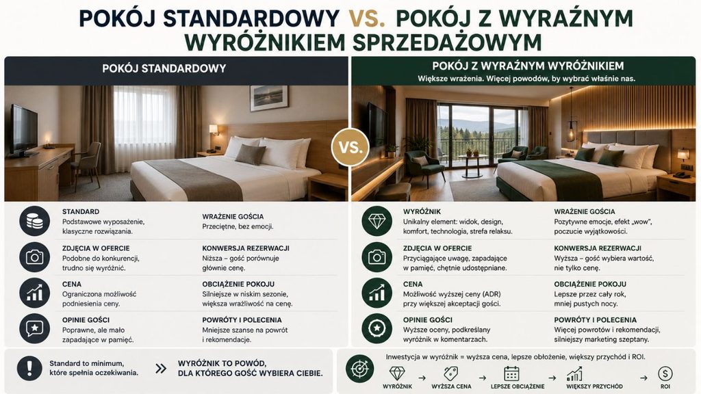 Porównanie standardowego pokoju hotelowego z funkcjonalnie zaprojektowanym wnętrzem wyróżniającym obiekt na tle konkurencji.
