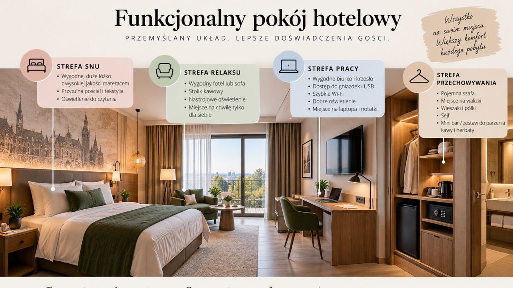 Schemat funkcjonalnego pokoju hotelowego – strefa snu, przechowywania, pracy i relaksu.