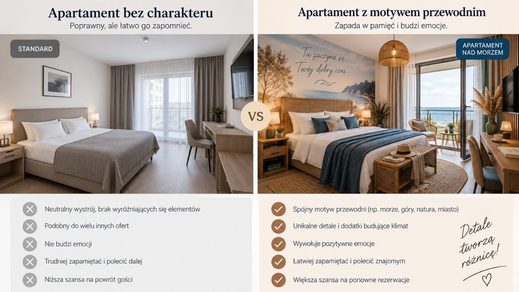 
Porównanie dwóch ofert apartamentów: neutralnego, pozbawionego charakterystycznych elementów oraz apartamentu z wyraźnym stylem i motywem przewodnim.