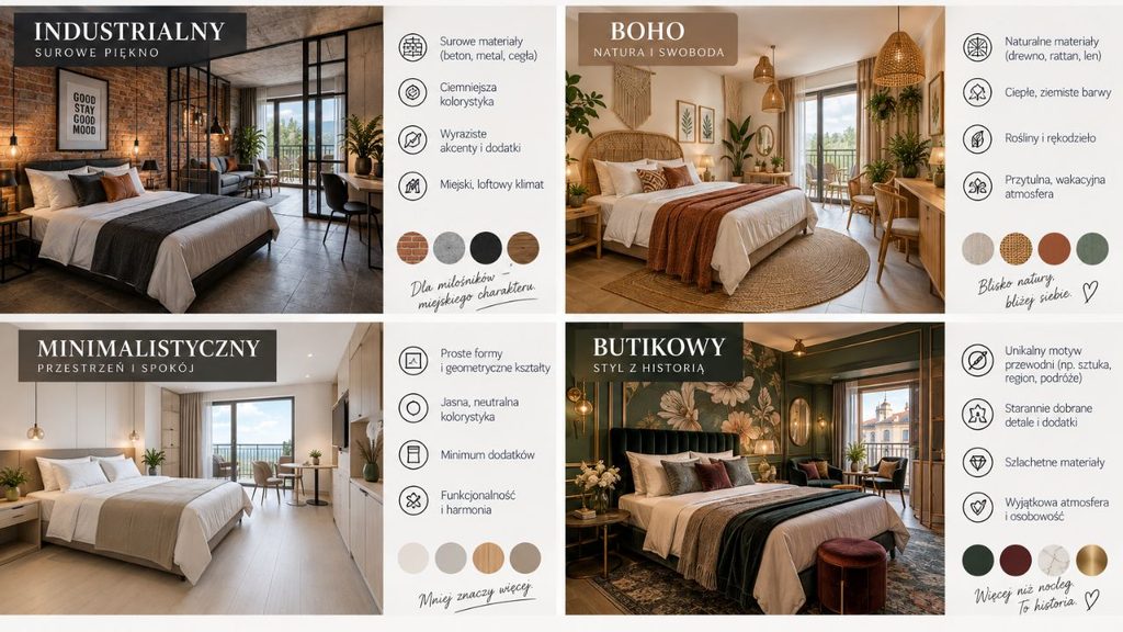 
Plansza przedstawiająca cztery kierunki aranżacyjne apartamentów: industrialny, boho, minimalistyczny i butikowy.