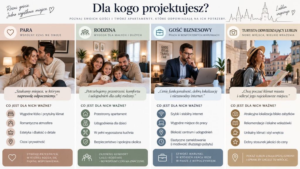 
Infografika „Dla kogo projektujesz?” – cztery persony: para, rodzina, gość biznesowy i turysta odwiedzający Lublin.