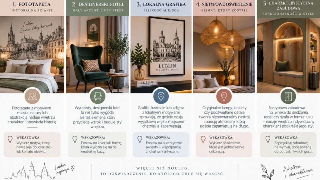 
Infografika „5 pomysłów na wow factor”: fototapeta, designerski fotel, lokalna grafika, nietypowe oświetlenie dekoracyjne i charakterystyczna zabudowa.