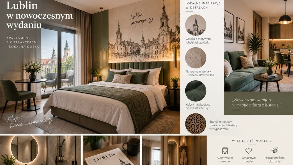 
Przykład nowoczesnego apartamentu inspirowanego Lublinem – subtelne wykorzystanie lokalnych motywów w grafice, kolorach i materiałach.