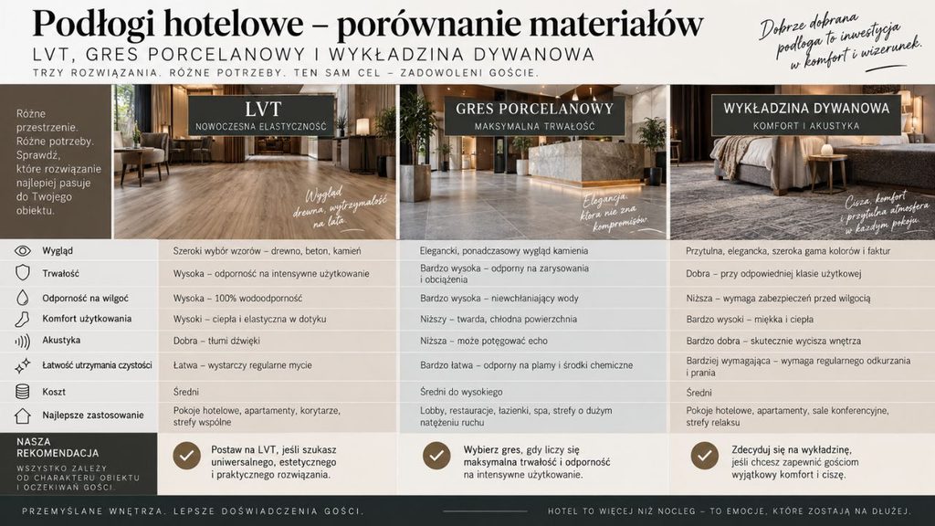 Porównanie podłóg hotelowych LVT, gresu porcelanowego i wykładziny dywanowej