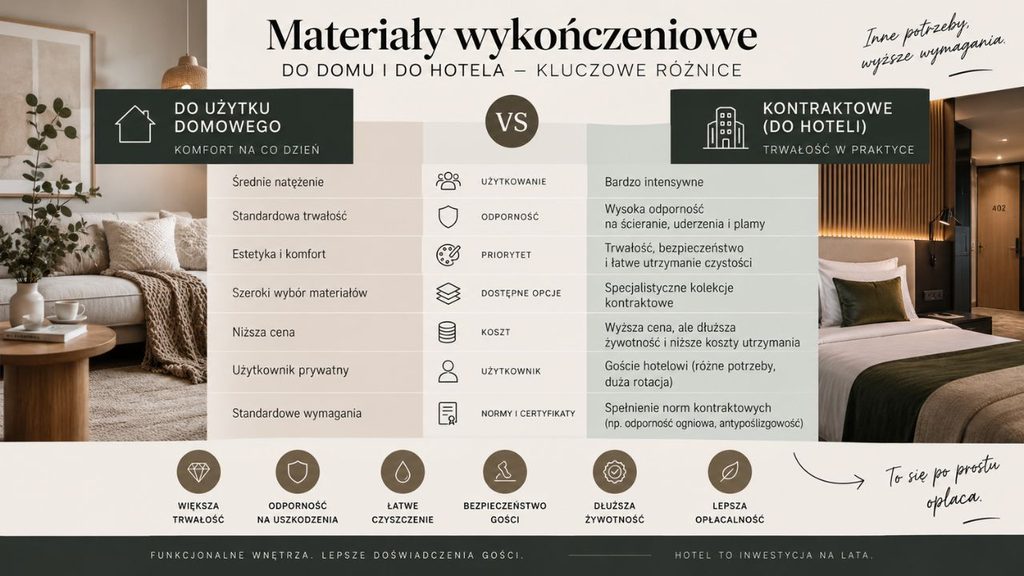Porównanie materiałów wykończeniowych domowych i kontraktowych stosowanych w hotelach