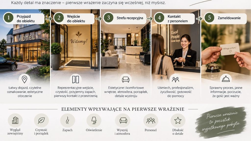 
Schemat pokazujący drogę gościa od wejścia do obiektu do zameldowania oraz elementy wpływające na pierwsze wrażenie.