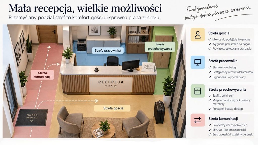 Infografika przedstawiająca prawidłowy podział niewielkiej recepcji na strefę gościa, pracownika, przechowywania i komunikacji.