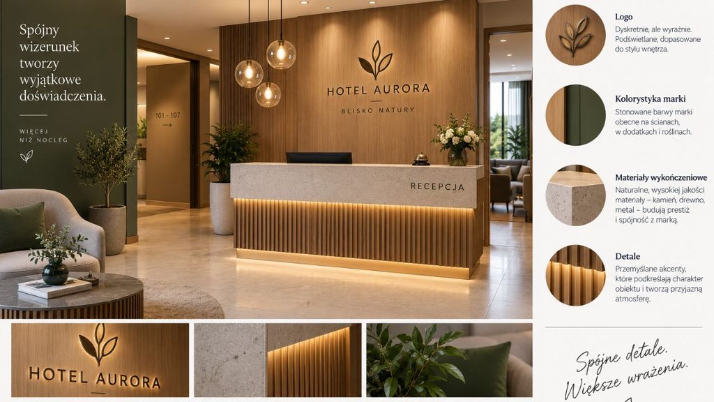 Przykład subtelnego wykorzystania logo, kolorystyki marki i materiałów wykończeniowych w strefie recepcji.